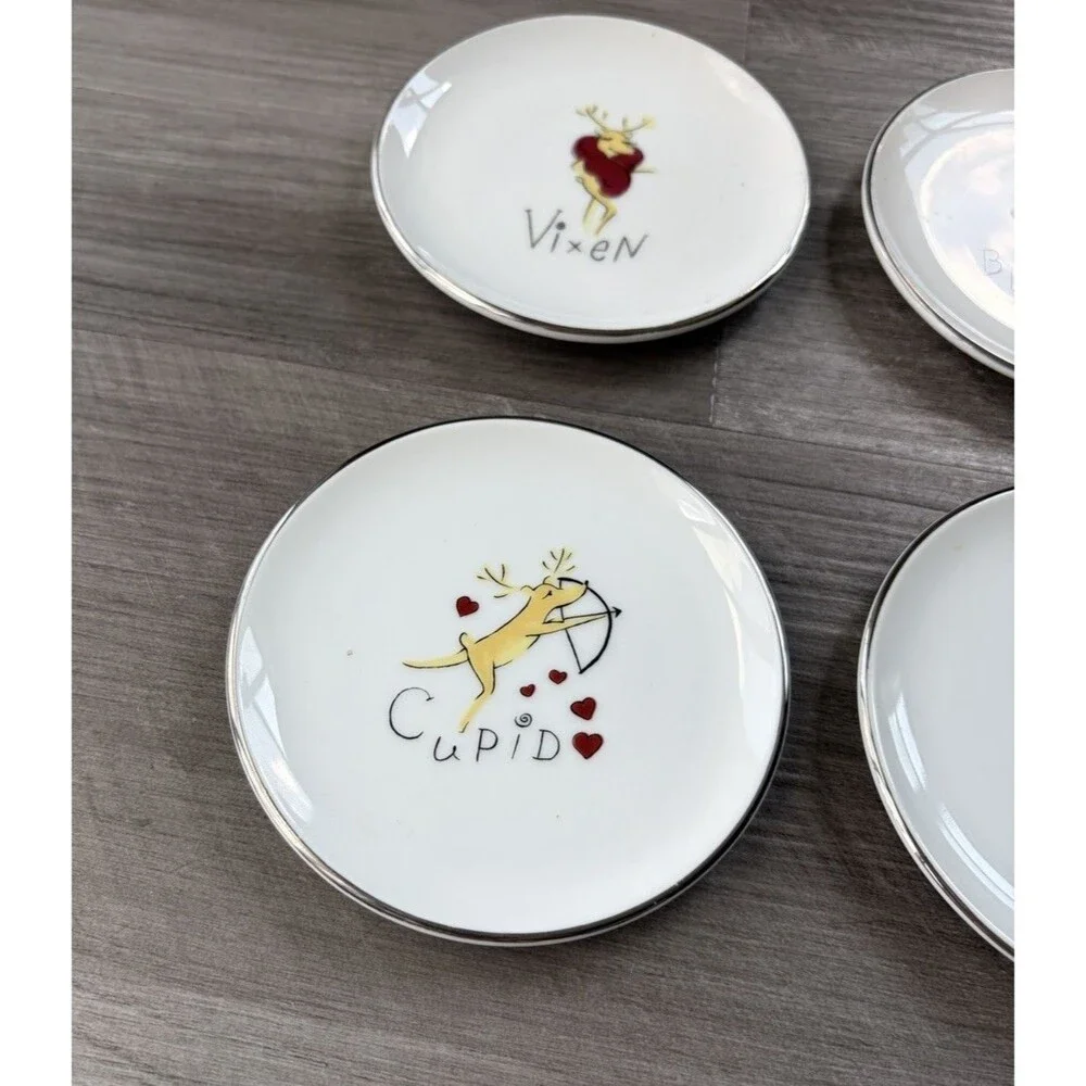 Pottery Barn Reindeer Coaster Plates Set of 6 Silver Rim Christmas Holiday 4”
